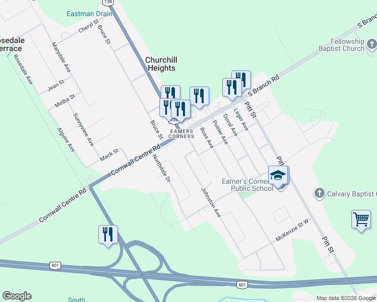 map of restaurants, bars, coffee shops, grocery stores, and more near 3264 Johnston Avenue in Cornwall
