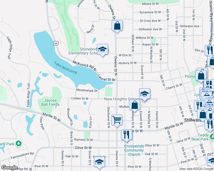 map of restaurants, bars, coffee shops, grocery stores, and more near 1104 Meadowlark Drive in Stillwater