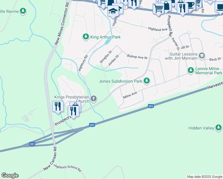 map of restaurants, bars, coffee shops, grocery stores, and more near 5615 Prospect Road in New Minas