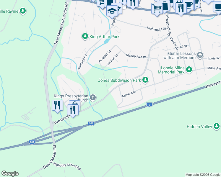 map of restaurants, bars, coffee shops, grocery stores, and more near 5633 Prospect Road in New Minas