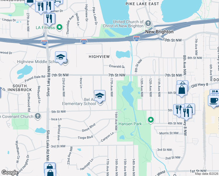 map of restaurants, bars, coffee shops, grocery stores, and more near 653 17th Avenue Northwest in New Brighton