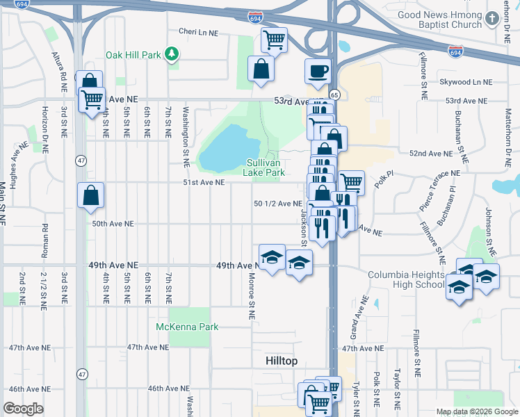 map of restaurants, bars, coffee shops, grocery stores, and more near 715 50 1/2 Avenue Northeast in Columbia Heights
