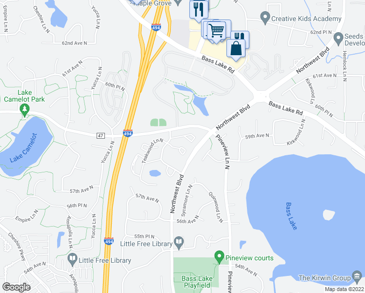 map of restaurants, bars, coffee shops, grocery stores, and more near 5850 Teakwood Lane North in Minneapolis