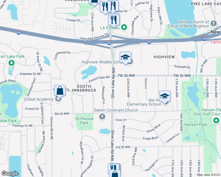 map of restaurants, bars, coffee shops, grocery stores, and more near 610 Silver Lake Road Northwest in Saint Paul
