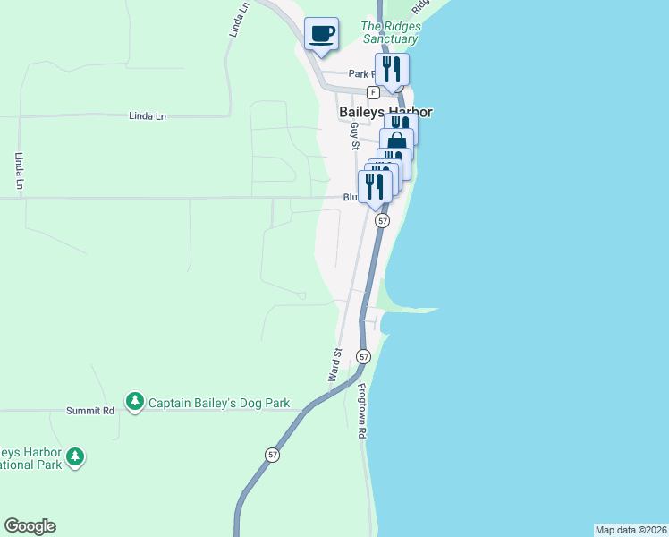 map of restaurants, bars, coffee shops, grocery stores, and more near 7999 Ward Street in Baileys Harbor