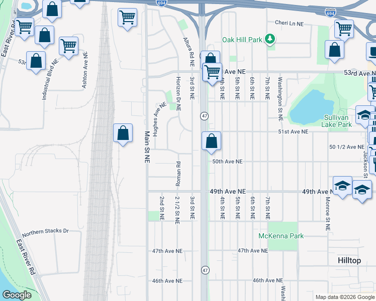 map of restaurants, bars, coffee shops, grocery stores, and more near 5045 3rd Street Northeast in Fridley