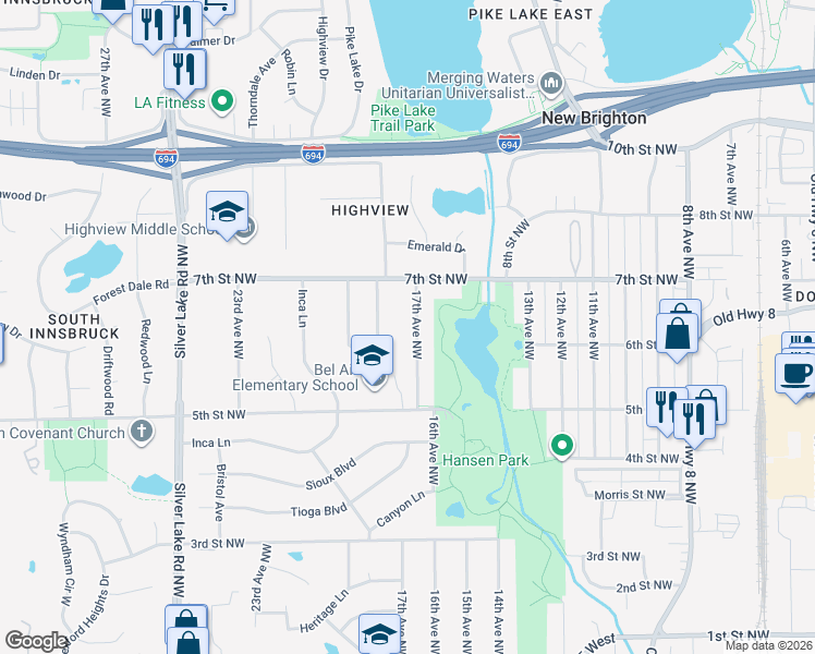 map of restaurants, bars, coffee shops, grocery stores, and more near 653 17th Avenue Northwest in New Brighton