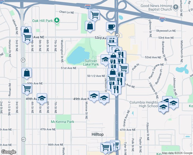 map of restaurants, bars, coffee shops, grocery stores, and more near 815 50 1/2 Avenue Northeast in Columbia Heights