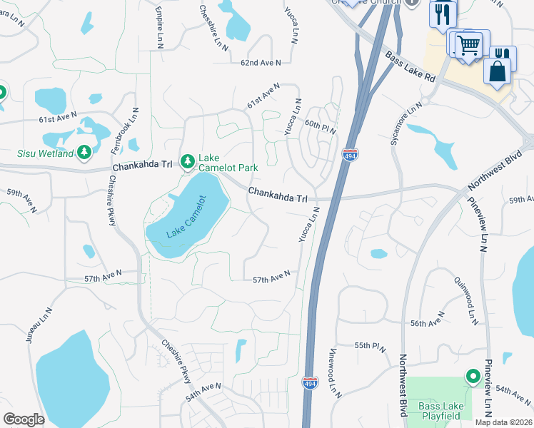 map of restaurants, bars, coffee shops, grocery stores, and more near 13705 58th Avenue North in Minneapolis