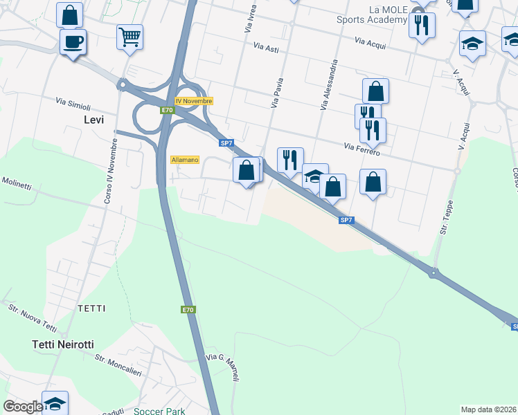 map of restaurants, bars, coffee shops, grocery stores, and more near 105 Via Pavia in Rivoli