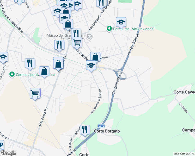 map of restaurants, bars, coffee shops, grocery stores, and more near 19 Via Martiri di Belfiore in Rovigo