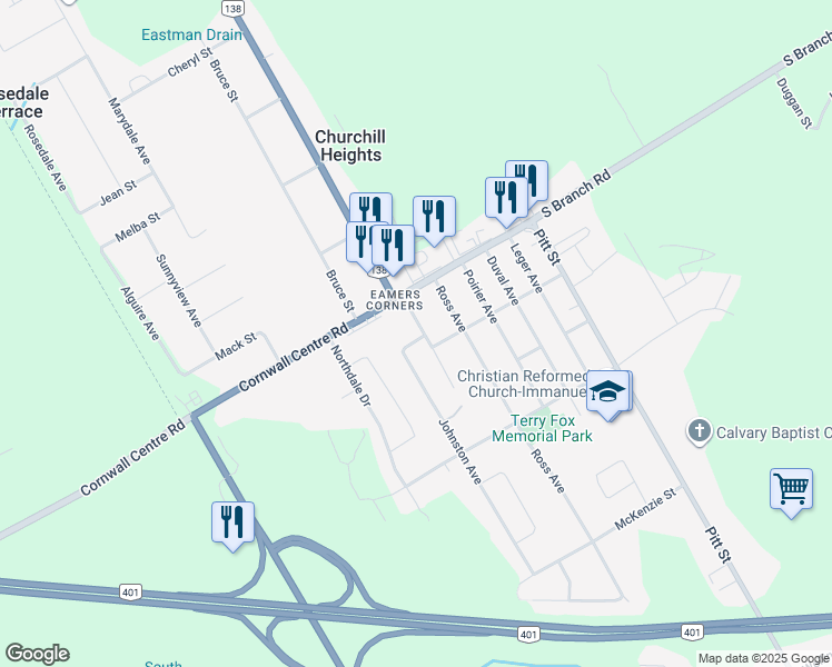 map of restaurants, bars, coffee shops, grocery stores, and more near 3312 Cadeb Avenue in Cornwall