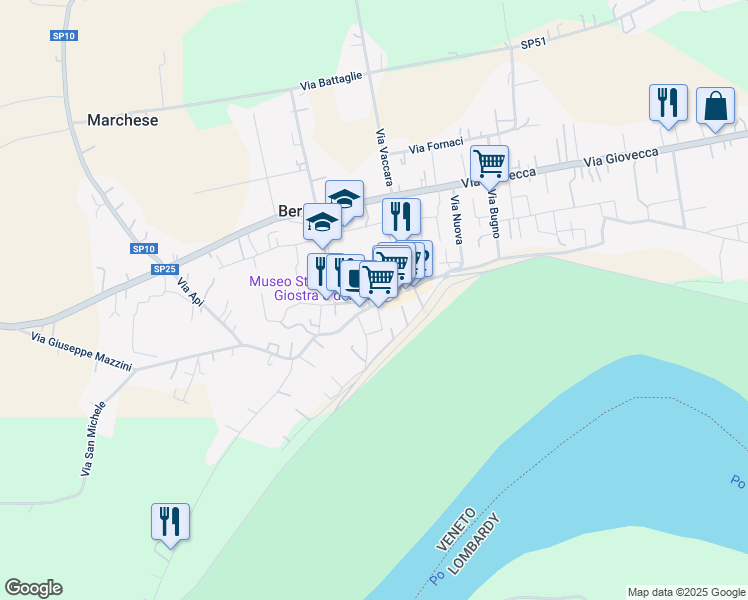 map of restaurants, bars, coffee shops, grocery stores, and more near 73 Piazza Giacomo Matteotti in Bergantino