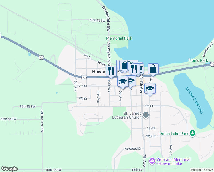 map of restaurants, bars, coffee shops, grocery stores, and more near 1021 7th Street in Howard Lake
