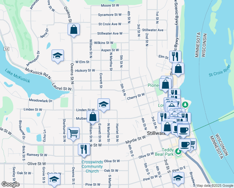 map of restaurants, bars, coffee shops, grocery stores, and more near 309 Laurel Street West in Stillwater