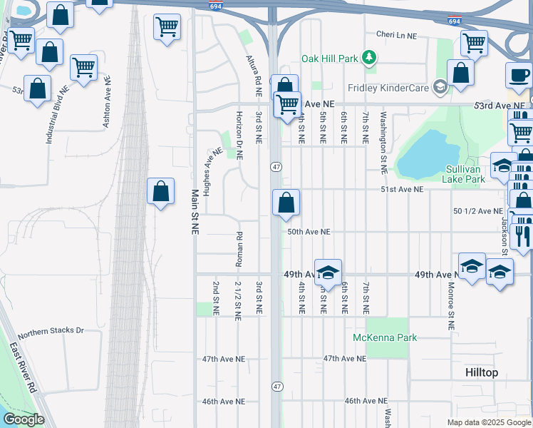 map of restaurants, bars, coffee shops, grocery stores, and more near 5045 3rd Street Northeast in Fridley