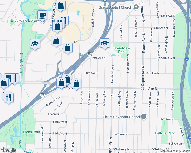 map of restaurants, bars, coffee shops, grocery stores, and more near 5733 James Avenue North in Minneapolis