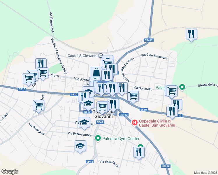 map of restaurants, bars, coffee shops, grocery stores, and more near 36 Via Angelo Calvi in Castel San Giovanni