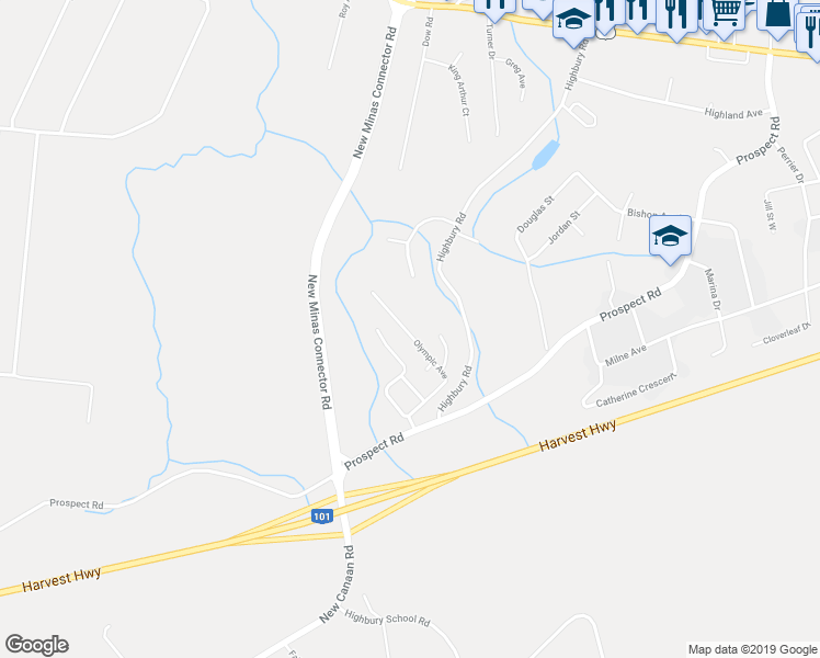 map of restaurants, bars, coffee shops, grocery stores, and more near 26 Olympic Avenue in New Minas