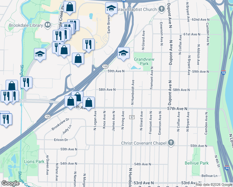 map of restaurants, bars, coffee shops, grocery stores, and more near 5733 James Avenue North in Minneapolis