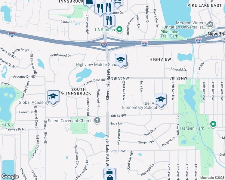 map of restaurants, bars, coffee shops, grocery stores, and more near 621 Silver Lake Road Northwest in Saint Paul