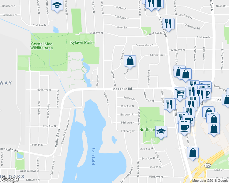 map of restaurants, bars, coffee shops, grocery stores, and more near 5737 Halifax Avenue North in Minneapolis