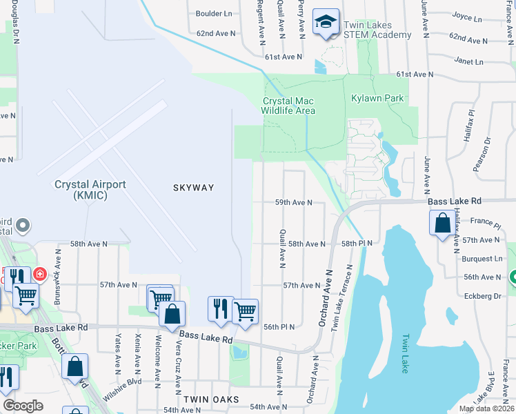 map of restaurants, bars, coffee shops, grocery stores, and more near 5857 Regent Avenue North in Minneapolis