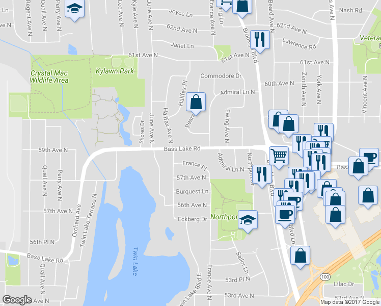 map of restaurants, bars, coffee shops, grocery stores, and more near 3825 Bass Lake Road in Minneapolis