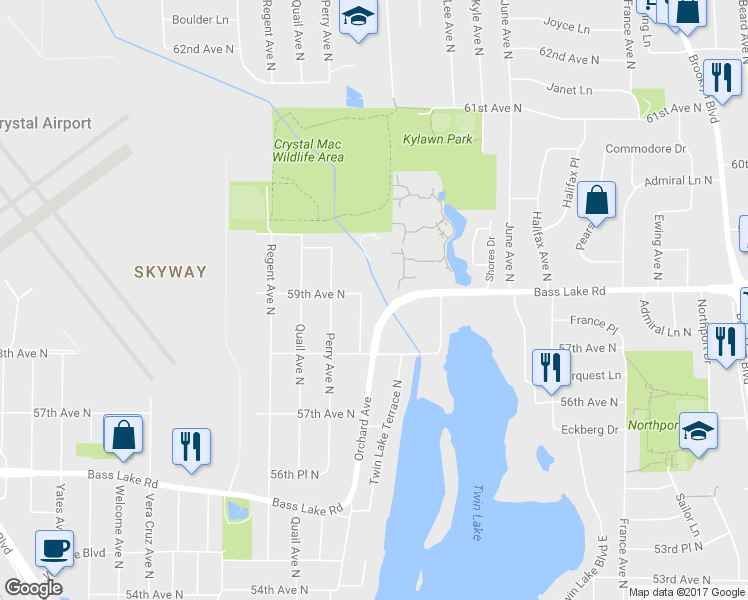 map of restaurants, bars, coffee shops, grocery stores, and more near 5856 Orchard Avenue North in Minneapolis