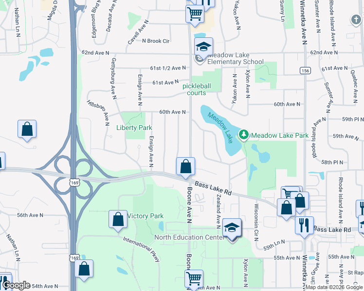 map of restaurants, bars, coffee shops, grocery stores, and more near 5856 Cavell Avenue North in Minneapolis