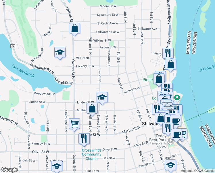 map of restaurants, bars, coffee shops, grocery stores, and more near 407 Laurel Street West in Stillwater