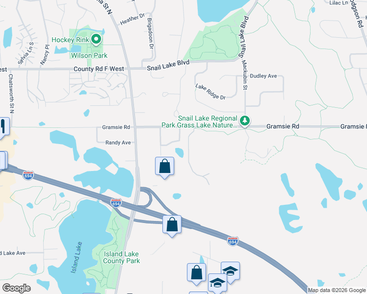 map of restaurants, bars, coffee shops, grocery stores, and more near 640 Randy Avenue in Shoreview