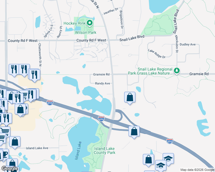 map of restaurants, bars, coffee shops, grocery stores, and more near 744 Randy Avenue in Shoreview