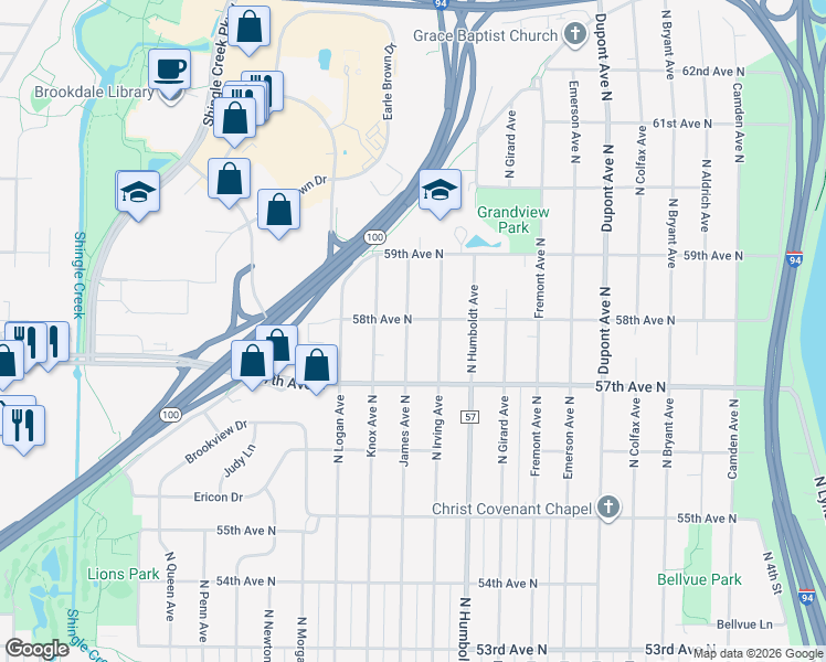 map of restaurants, bars, coffee shops, grocery stores, and more near 5733 James Avenue North in Minneapolis