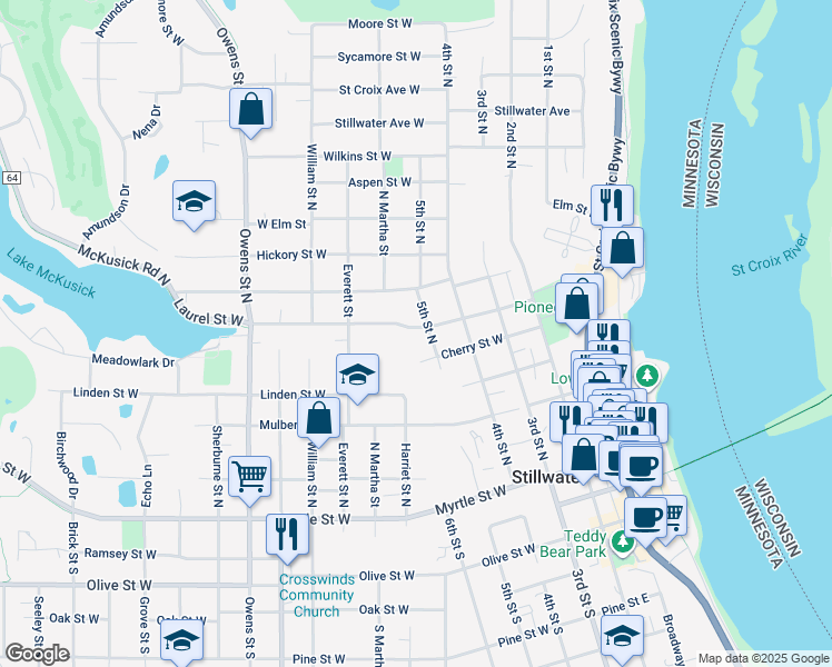 map of restaurants, bars, coffee shops, grocery stores, and more near 309 Laurel Street West in Stillwater