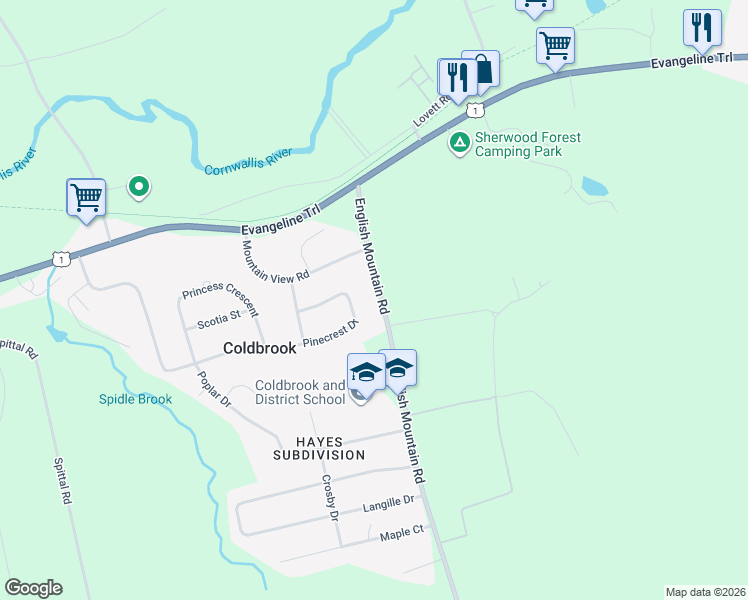 map of restaurants, bars, coffee shops, grocery stores, and more near 2371 English Mountain Road in Coldbrook