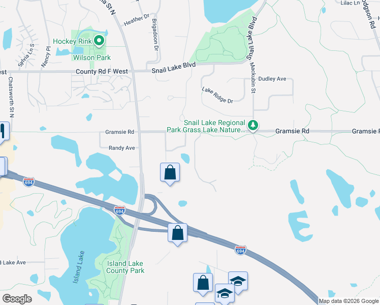 map of restaurants, bars, coffee shops, grocery stores, and more near 640 Randy Avenue in Shoreview