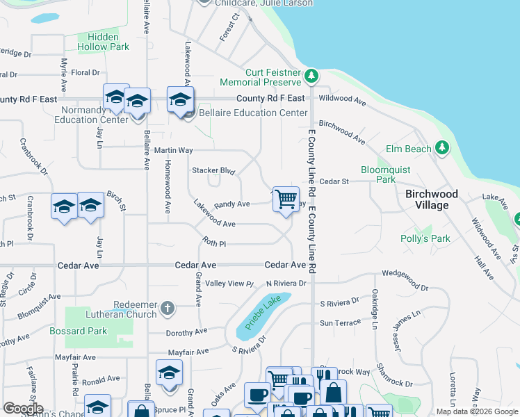 map of restaurants, bars, coffee shops, grocery stores, and more near 2662 Randy Avenue in White Bear Lake