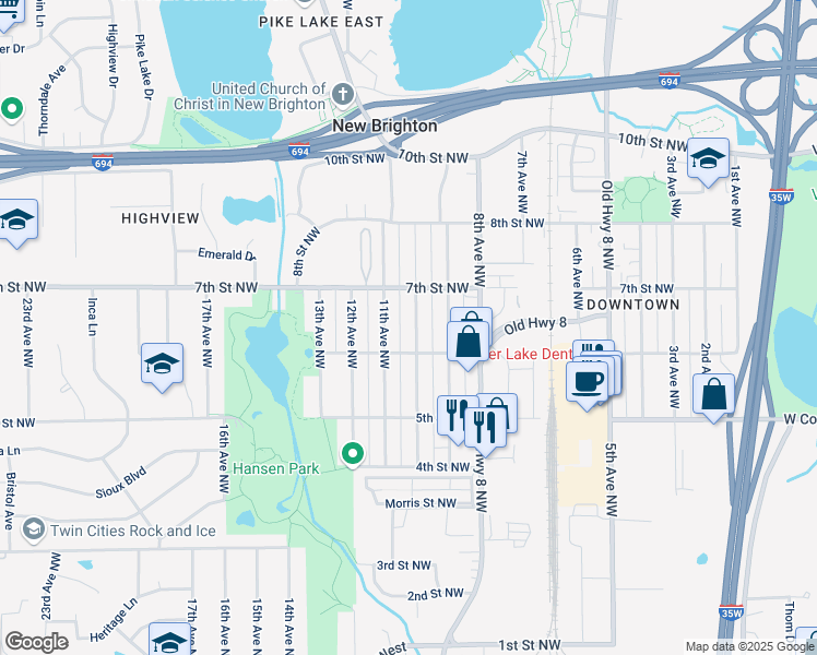 map of restaurants, bars, coffee shops, grocery stores, and more near 636 10th Avenue Northwest in New Brighton