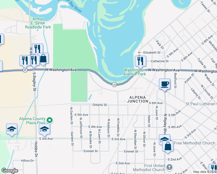 map of restaurants, bars, coffee shops, grocery stores, and more near 1237 West Washington Avenue in Alpena