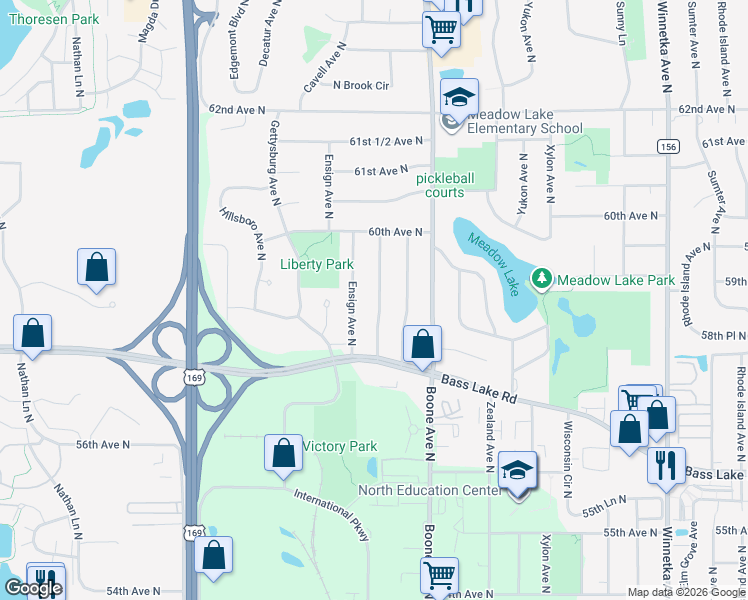 map of restaurants, bars, coffee shops, grocery stores, and more near 5849 Decatur Avenue North in Minneapolis