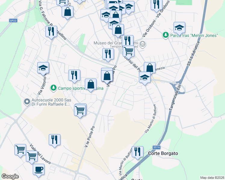 map of restaurants, bars, coffee shops, grocery stores, and more near 16 Via Viernheim in Provincia di Rovigo