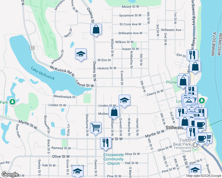 map of restaurants, bars, coffee shops, grocery stores, and more near 601 Laurel Street West in Stillwater