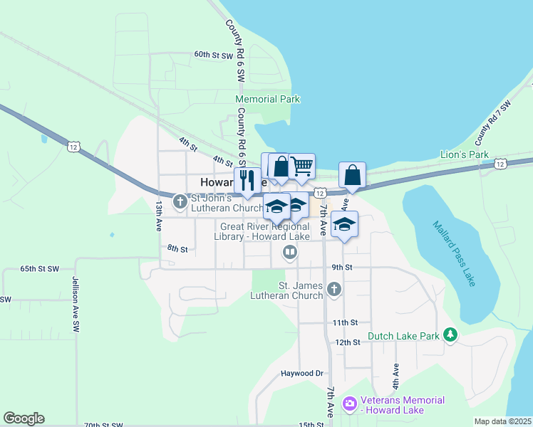 map of restaurants, bars, coffee shops, grocery stores, and more near 1208 7th Street in Howard Lake