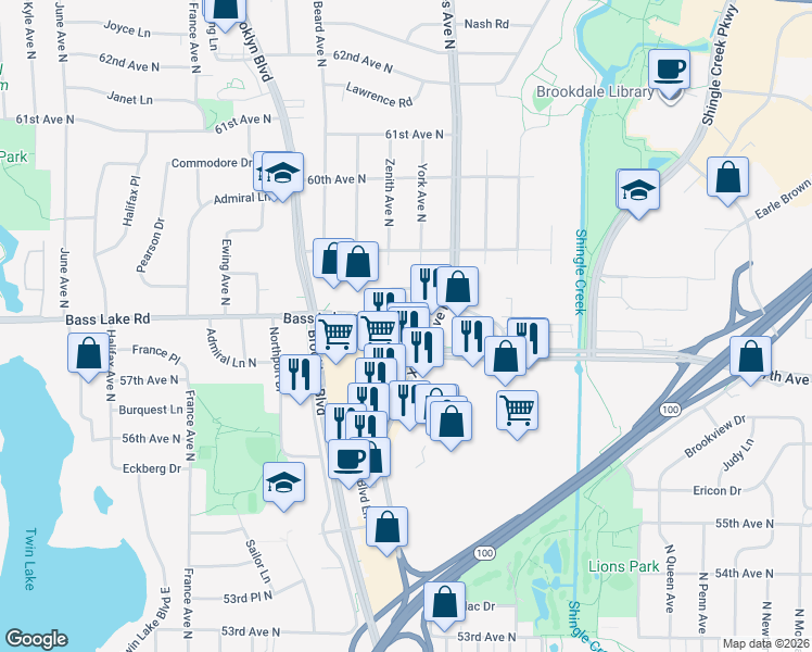map of restaurants, bars, coffee shops, grocery stores, and more near 5801 Xerxes Avenue North in Minneapolis