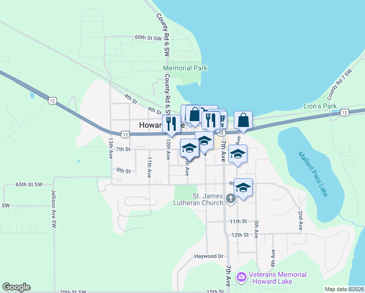 map of restaurants, bars, coffee shops, grocery stores, and more near 905 7th Street in Howard Lake