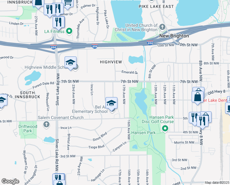 map of restaurants, bars, coffee shops, grocery stores, and more near 655 19th Avenue Northwest in New Brighton