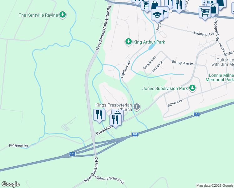map of restaurants, bars, coffee shops, grocery stores, and more near 26 Olympic Avenue in New Minas