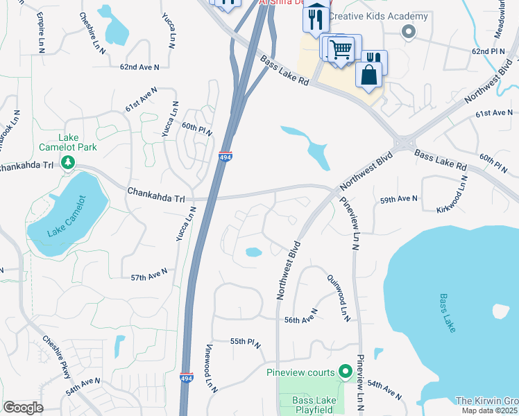 map of restaurants, bars, coffee shops, grocery stores, and more near 5855 Teakwood Lane North in Plymouth