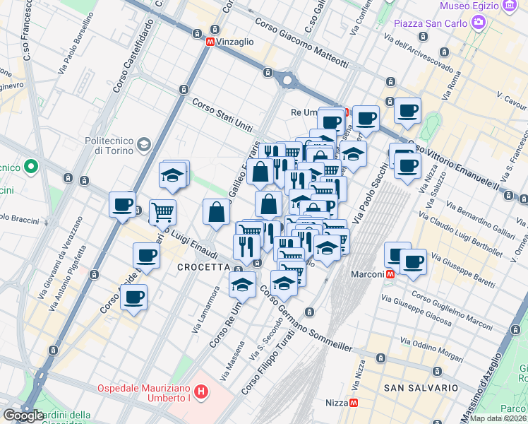 map of restaurants, bars, coffee shops, grocery stores, and more near 19/C Via Pastrengo in Torino